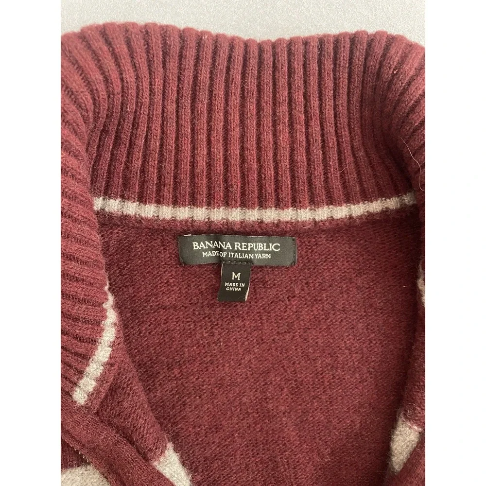 Banana Republic Men M Wool Sweater 1/4 Zip Burgundy Stripe Italian Yarn Mock Lux